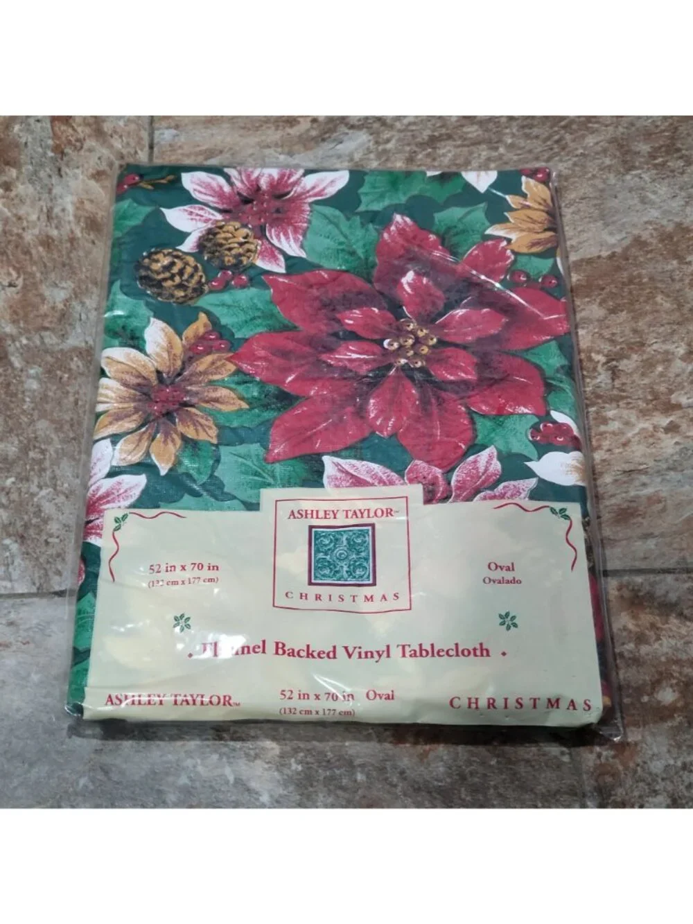 VTG Ashley Taylor Christmas Poinsettia Flannel Backed Vinyl Tablecloth 52x70 Ova